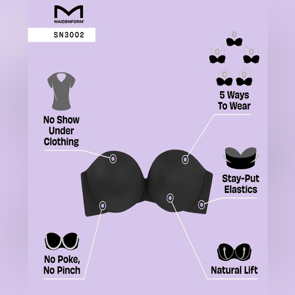 Maidenform Dreamwire Strapless Padded Lift Underwire Bra Black Size 34C - Picture 11 of 11